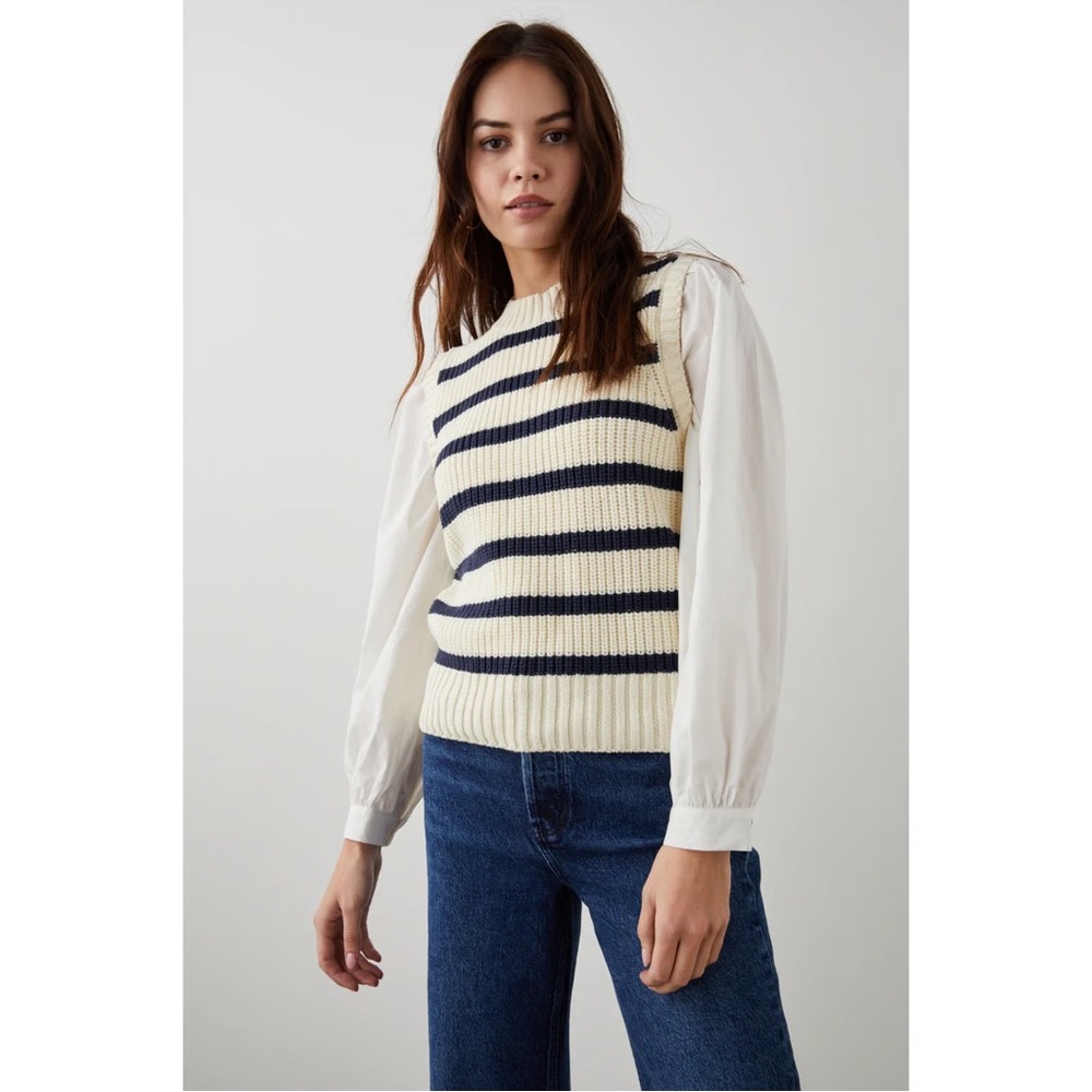 EUC Industry Bambi Crewneck Sweater Vest Ivory and Navy Stripe: as seen by Rails - Picture 3 of 15